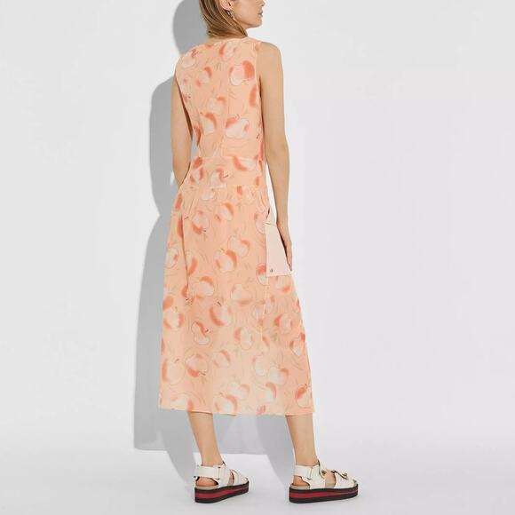 Coach 1941 Apple Print Long Dress With Snap Pockets Peach Pink Midi Maxi Midaxi - Picture 3 of 7